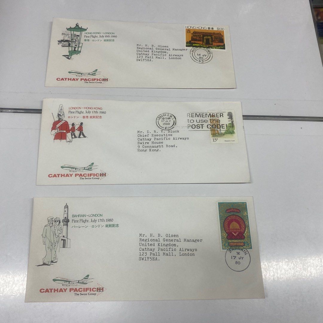 已保Cathy Pacific CX 封國泰航空首航封1980.7.16 香港飛倫敦首日航空封1980.7.17 倫敦飛香港首日航空封1989.7.17  巴林飛倫敦首日航空封