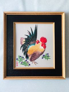 Framed Embroidery Chicken and Iris Artwork