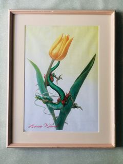 “House Wand” Glass Framed Art Print - Dragon and Yellow Tulip