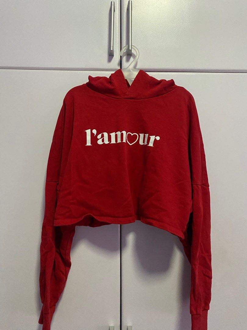 H M red cropped hoodie Women s Fashion Coats Jackets and Outerwear on Carousell