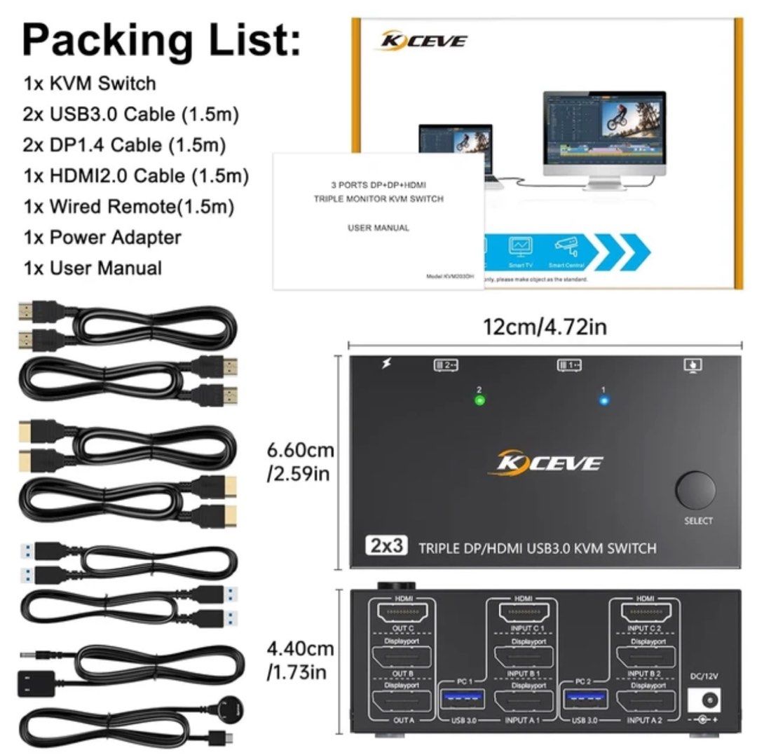 USB 3.0 KVM Switch dubbele monitor 4K bij 60Hz, 2K bij 120 Hz, 2 pc's 2 monitoren HDMI Displayport KVM-switch voor 2 computers delen 2 beeldschermen en 4 USB3.0-apparaten.Bedrade afstandsbediening