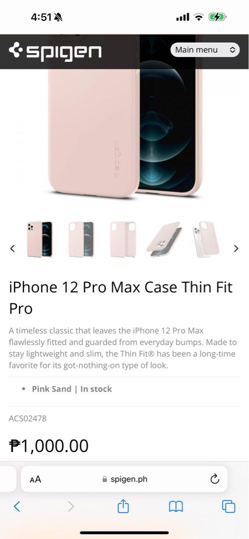 Original Spigen Case iPhone 12 Pro Max (Category: Cases & Sleeves) located in Caloocan City. Submitted by caymncpxx (Listing ID 1300627718, Image 2). Description: RFS: upgraded my phone Original price is 1,000 php, bought it at SM North Edsa.