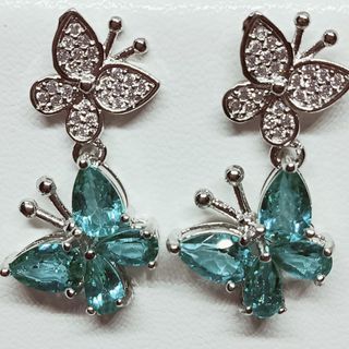 Paraiba Topaz Earrings. Butterfly Dangling Design. Nature Stone.