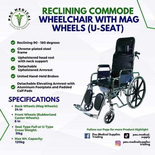 Reclining Commode Wheelchair with mag wheels