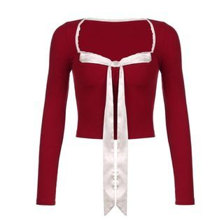 Red Bowknot Lace Sexy Square Neck Long Sleeve Slim Fit T-shirt