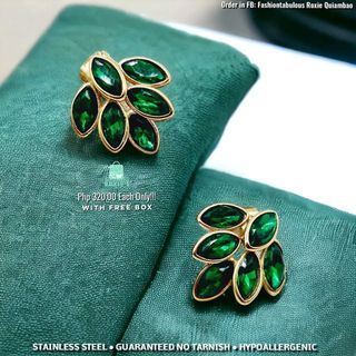 Stainless Steel "Leaf Emerald Stone" Stud Earrings