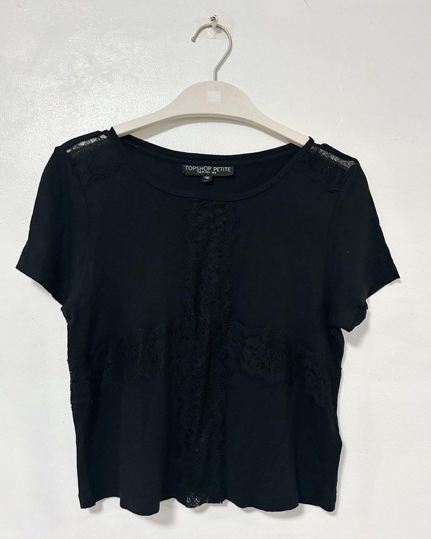Topshop Lace T-shirt (Category: Shirts) located in Pasig City. Submitted by shopmaycab (Listing ID 1300722614, Image 1). Description: Front detail is lace sheer.