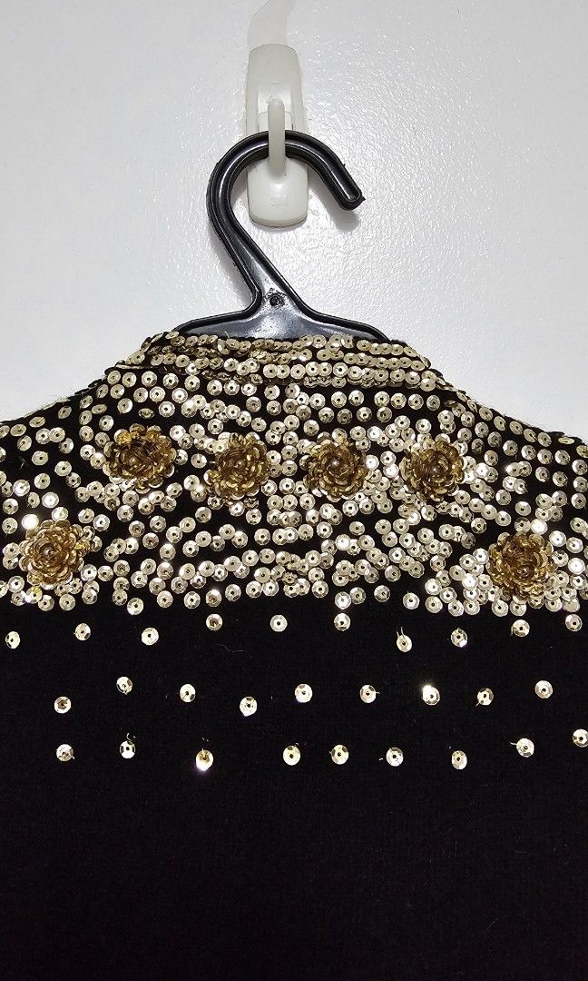 Vintage Black & Gold Cardigan (Category: Coats, Jackets and Outerwear) located in Paranaque City. Submitted by jaymiedg (Listing ID 1300619612, Image 3). Description: Vintage Black Cardigan with Gold Sequins No label/tag Intricate gold sequin flowerettes Cardigan with lining Fits Small - Medium Pick up location: Weekdays: Makati Weekend: Pque.