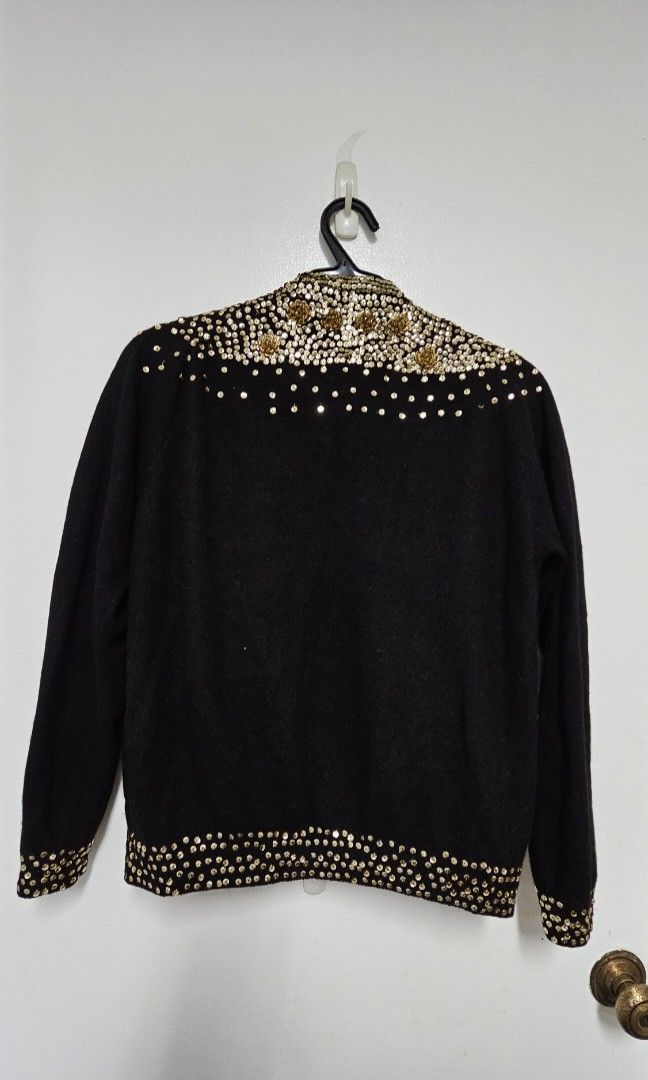 Vintage Black & Gold Cardigan (Category: Coats, Jackets and Outerwear) located in Paranaque City. Submitted by jaymiedg (Listing ID 1300619612, Image 2). Description: Vintage Black Cardigan with Gold Sequins No label/tag Intricate gold sequin flowerettes Cardigan with lining Fits Small - Medium Pick up location: Weekdays: Makati Weekend: Pque.