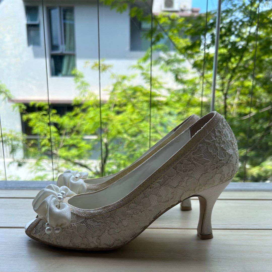 Pretty Ivory Lace Satin Pearl Kitten Peep Toe Heels Women s Fashion Footwear Heels on Carousell