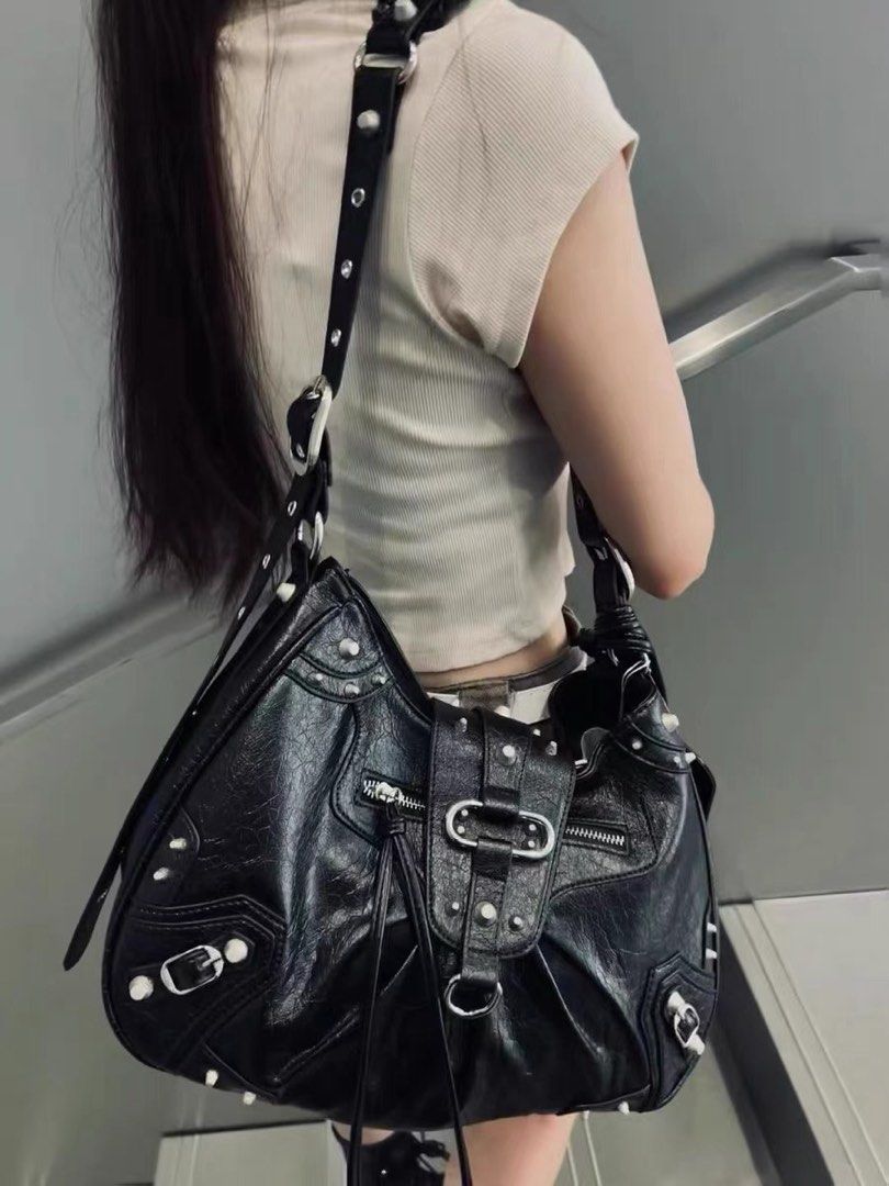 y2k Grunge Vintage Black Eyelet Leather Sling Shoulder
