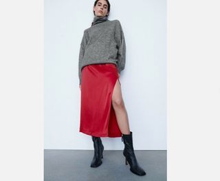 Zara Satin Finish Straight Midi Skirt with Side Slit- Red Skirt