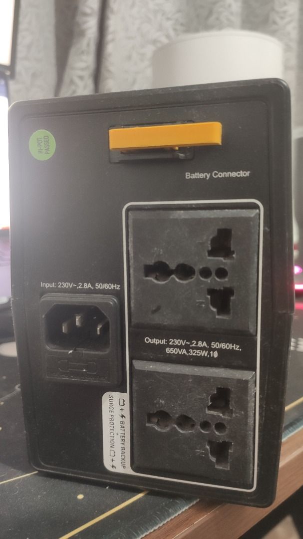 APC Back-UPS 650VA, 230V, AVR, Universal Sockets (Category: Other Accessories) located in Caloocan City. Submitted by junejovigr22770 (Listing ID 1296509066, Image 2). Description: Main Input Voltage : 230 V Rated power in W : 325 W Rated power in VA : 650 VA output connection type : 2 universal receptacle Cable length : 1.22 m Number of cables : 1 Battery type : Lead-acid battery Number of battery filled slots : 1 Number of battery free slots : 