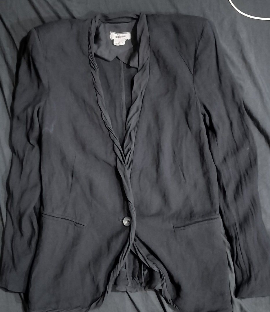 Black Blazer (lightweight) (Category: Coats, Jackets and Outerwear) located in Manila. Submitted by denvewinst02408 (Listing ID 1296452188, Image 1). Description: almost new Helmut Lang blazer. interesting colar and shape. Made out of 100% Viscose or Rayon. Very breathable fabric. Measurements: shoulder: 14 inches pit to pit: 15.5 to 16 inches (stretched) length: 22.5 inches arm hole (armpit area) : 7.5 inches sleeve opening : 3 to 3.5 inches sle