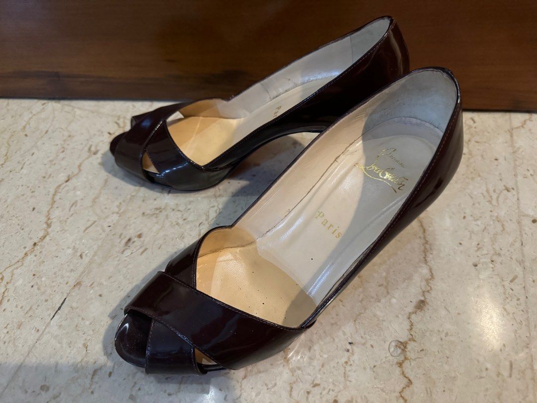 SALE Christian Louboutin CL maroon platform peep toe heels