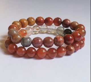 Coral Agate and Mixed Rabbit Hair Bracelet Set