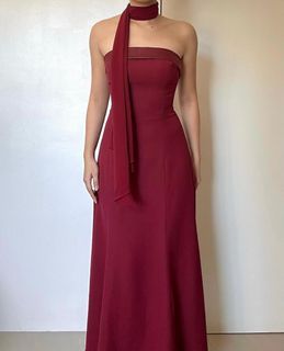 (FOR RENT) vintage MOODS wine red tube dress with scarf
