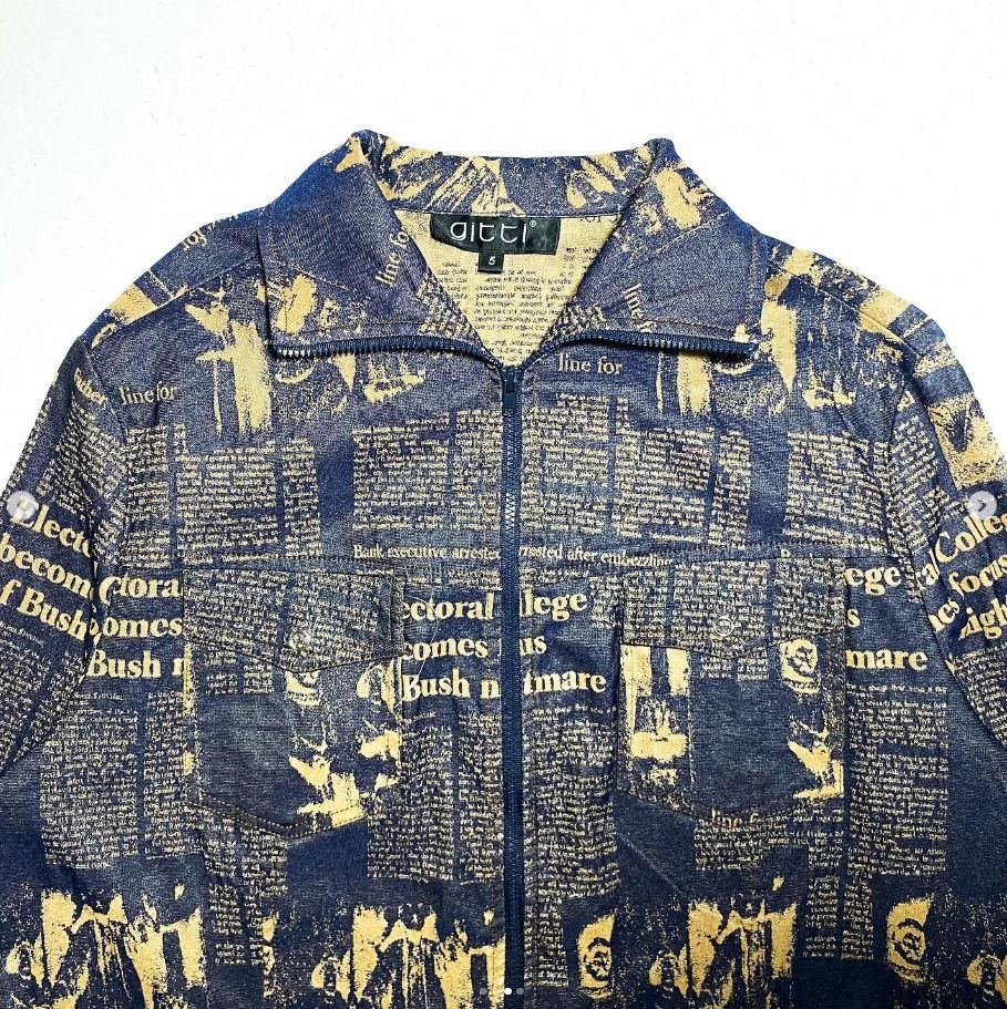 Gitti Newspaper print Collage Jacket (Category: Coats, Jackets and Outerwear) located in Subic. Submitted by carammegotta (Listing ID 1296553663, Image 3). Description: Gitti Newspaper print Collage Jacket (print can also been on the inside) Size on tag: Medium to large fit Dimes: W22 x L27 Issues: none Condition: 10/10 Perfect Mint Condition.