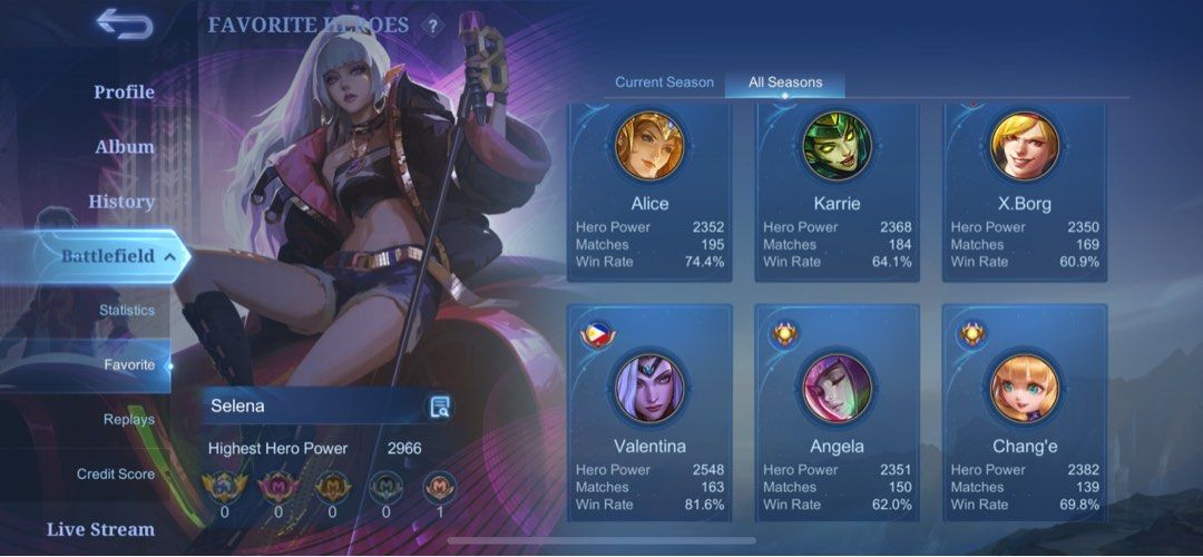 Mobile Legends Premium Acc (Category: In-Game Products) located in Taguig. Submitted by influenzas (Listing ID 1296502437, Image 3). Description: FS Mobile Legends Premium Acc 4500 only High WR Clean bind Fanny Skylark Gusion Legend Selena stun Chou stun Gusion k Lancelot zodiac Lunox zodiac Selena thunder flash epic Irithel epic Paquito pacquiao Badang seiya .