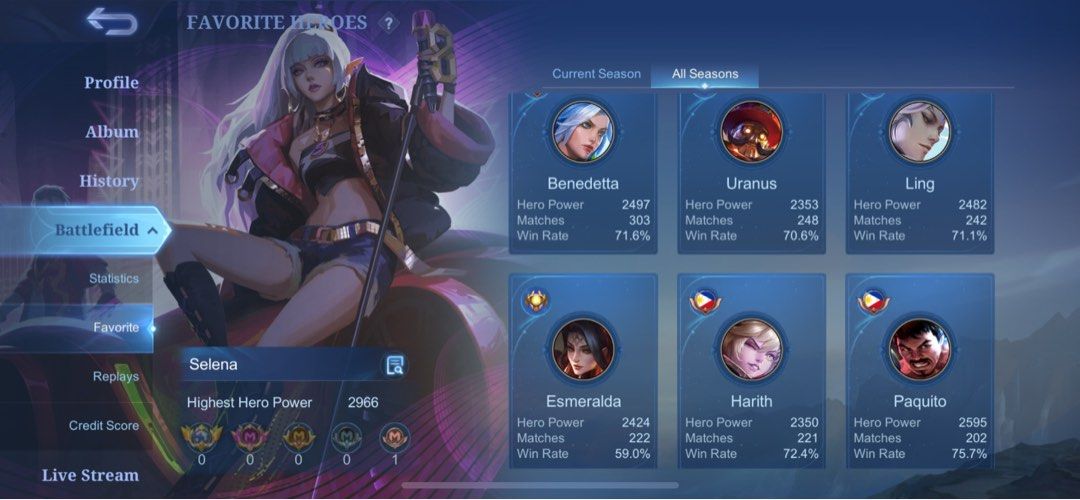 Mobile Legends Premium Acc (Category: In-Game Products) located in Taguig. Submitted by influenzas (Listing ID 1296502437, Image 2). Description: FS Mobile Legends Premium Acc 4500 only High WR Clean bind Fanny Skylark Gusion Legend Selena stun Chou stun Gusion k Lancelot zodiac Lunox zodiac Selena thunder flash epic Irithel epic Paquito pacquiao Badang seiya .