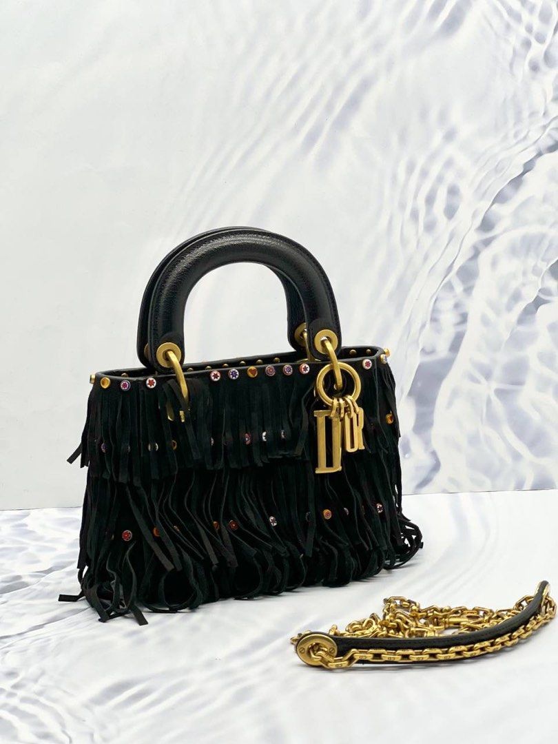 RAYA SALE CHRISTIAN DIOR MINI LADY DIOR LIMITED AND SPECIAL EDITION BLACK LEATHER FRINGE WITH PATTERN STUDS BAG WITH CHAIN STRAP