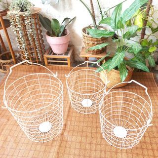 Set of 3 white metal wire basket organizers with handle