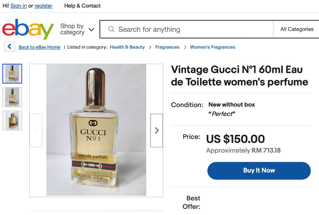 Vintage GUCCI No. 1 Eau de Parfum 60ml (Category: Fragrance & Deodorants) located in Manila. Submitted by jtlee93 (Listing ID 1296485665, Image 2). Description: Vintage Gucci No. 1 Eau de Parfum 60ml Unused with no box Splash type Valued at ~8000php RFS: Item was purchased for mom's engagement in the 80s. Never been used. .