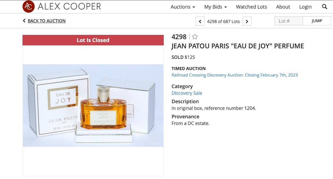 Vintage Jean Patou Eau De Joy (Category: Fragrance & Deodorants) located in Manila. Submitted by jtlee93 (Listing ID 1296489591, Image 2). Description: Vintage Jean Patou No. 1203 Eau De Joy Women's Fragrance 1 FI. Oz. In original box, reference number 1203. Valued at: ~6,800 RFS: Item was purchased for mom's engagement in the 80s. Never been used..