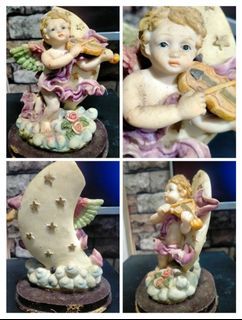 Angel Playing a Violin Figurine Ceramic Wooden Base Wood Collectible Christian Home Display Angels Violins Crescent Moon Cloud Flowers Antique House Memorabilia Displays Figurines Collector Religious Collection Intricate Retro Classic Design