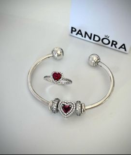 ▪️BIG SALE PANDORA OPEN BANGLE BRACELET with HEART AND CLIP CHARMS SET▪️5000/ ELEVATED HEART RING -899