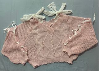 Cold Shoulder Knitted Pink Sweater Top with Ribbons