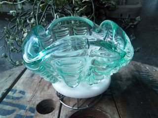 Collectible Vintage Glass Art Green Dish Bowl (Large, Thick & Heavy)