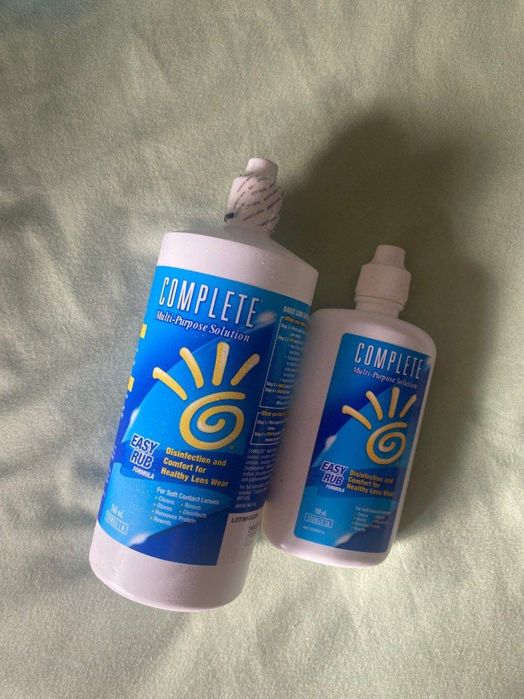 Complete Multi purpose solution (Category: Vision Care) located in Singapore. Submitted by cosycloset (Listing ID 1300820416, Image 1). Description: Contact lens solution Big bottle BN sealed Small bottle used once Rfs: Bought to try wearing contacts but end up i didnt wear. Expires 01/2026.