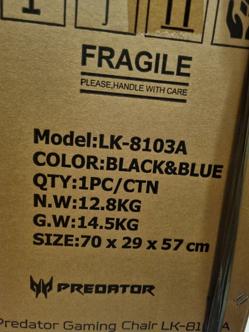 Gaming chair, chair (Category: Chairs) located in Taguig. Submitted by bandsaccount (Listing ID 1300894084, Image 2). Description: Reason for selling: I already have an office chair Predator Gaming Chair This is a brand new gaming chair.pics just for reference. box still unopened Model:LK-8103A COLOR:BLACK&BLUE QTY:1PC/CTN N.W:12.8KG G.W:14.5KG SIZE:70 x 29 x 57 cm pics from store just for reference. Chair is still inside the box.