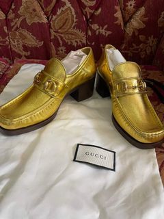AUTHENTIC Gucci Gold Leather Horsebit Vegas Loafers Pumps Size 38