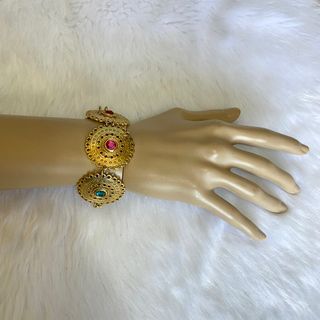 Japan Vintage Gold Tone Multicolor Rhinestones Filigree Bracelet