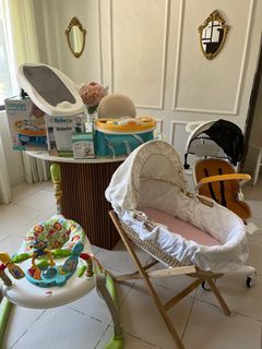 Moses basket w/stand stroller jumperoo seat booster etc