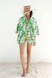 NEW Authentic ZARA Linen Blend Printed Kimono Top / Coat / Blazer