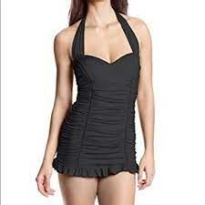 Original Jantzen Retro  black Swimsuit skirted swim-dress halter Size 14