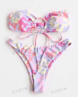 SHEIN Swim Mod Floral Print Tie Front Bandeau Bra & High Cut Bottom 2 Piece Bathing Suit
