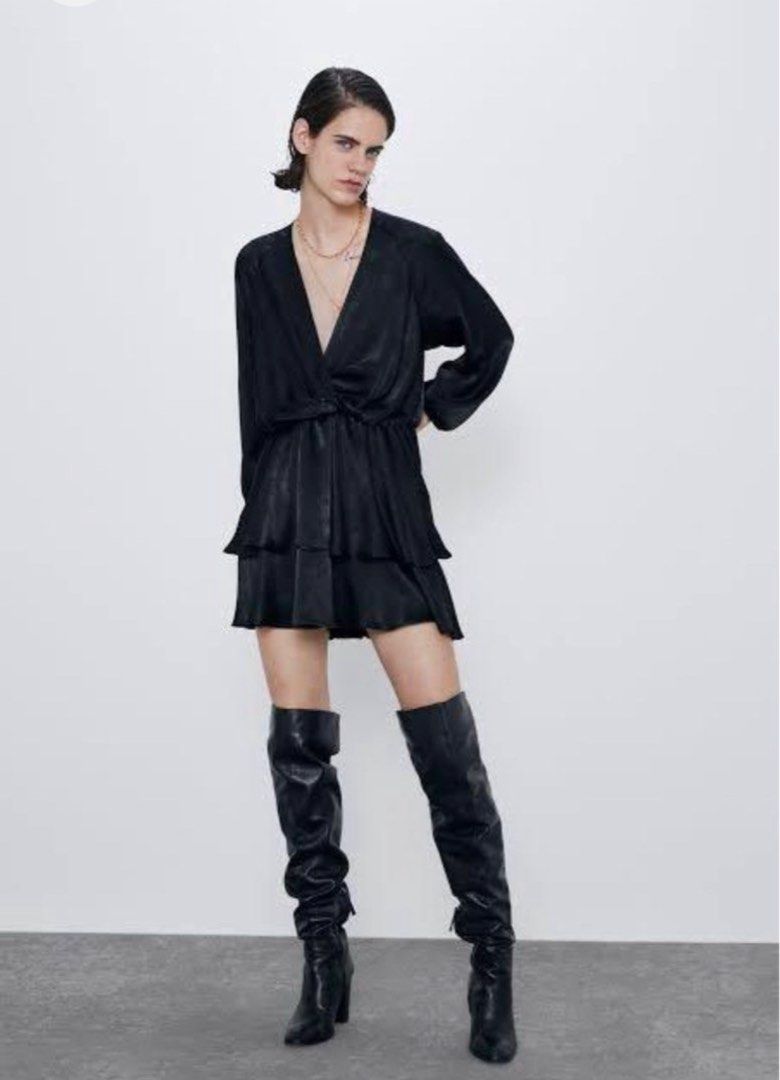 Zara Black Satin Tiered Mini Dress, Women's Fashion, Dresses & Sets, Dresses  on Carousell