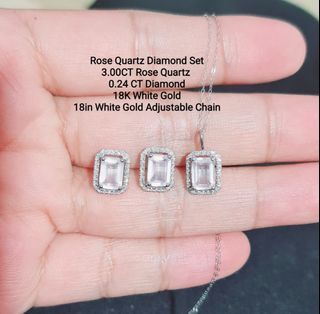 3 CT Rose Quartz Diamond Set (Earrings and Necklace)