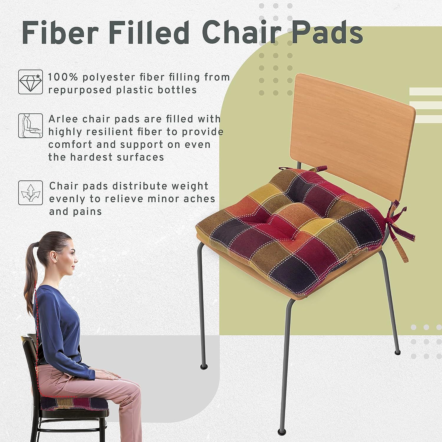 Arlee Home Fashions Fiber Filled Premium Chair Pads Chair Pads with Tiebacks 16 L X 16 W Multicolor Set of 4 Multi Color 4 Count Pack