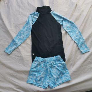 Blue Cloud Pattern Long-sleeved Rash Guard and Shorts