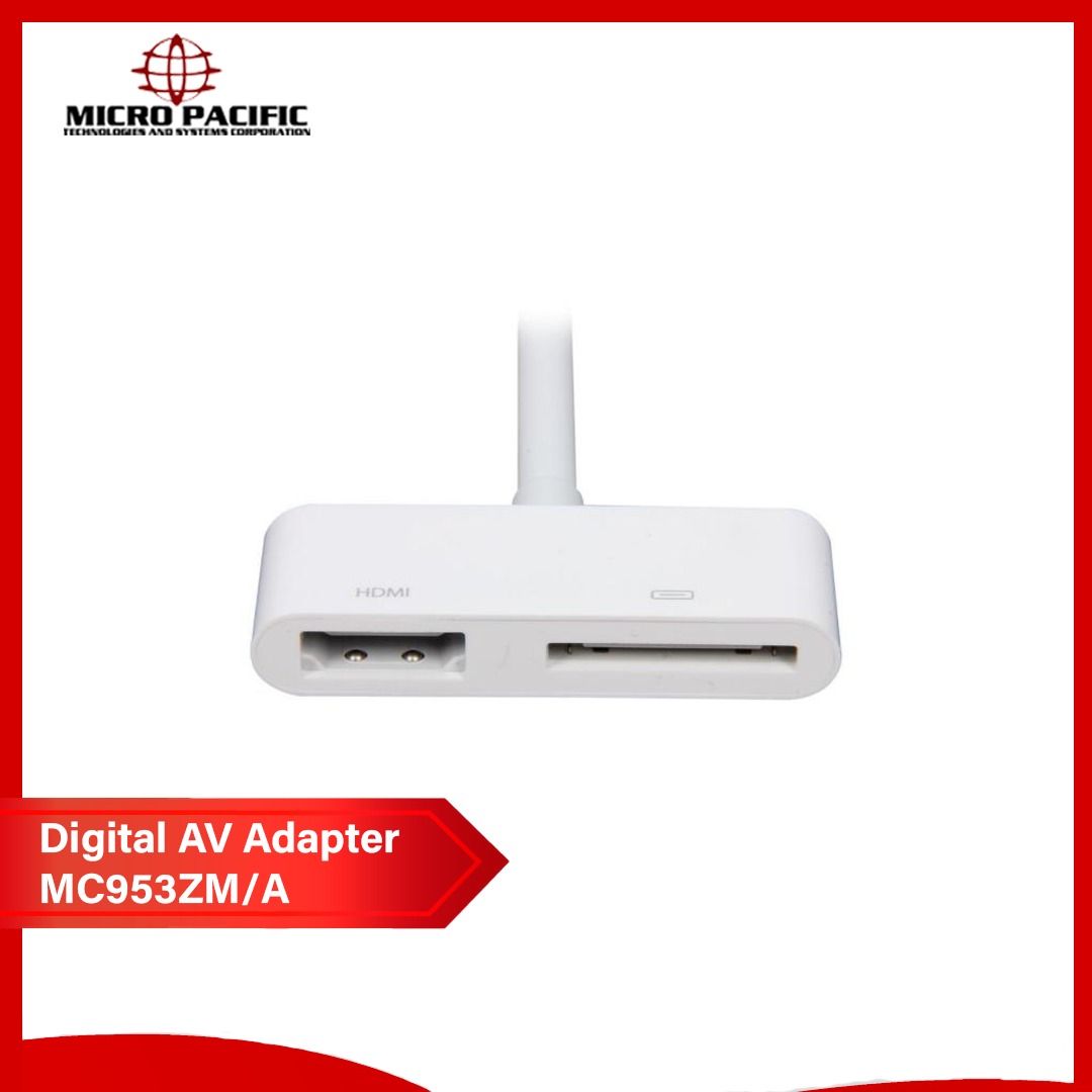 Apple 30-pin Digital AV Adapter (Category: Cables & Adaptors) located in Makati City. Submitted by micro_pacific (Listing ID 1163723260, Image 2). Description: Compatible Devices TV Specific Uses For Product Personal Connector Type HDMI Item Dimensions LxWxH 9 x 4.75 x 0.1 inches Brand Apple About this item Put your slides, movies, photos, and everything else that fills your iPad 2 screen on an even bigger screen Apple Digital AV Adapter also sup