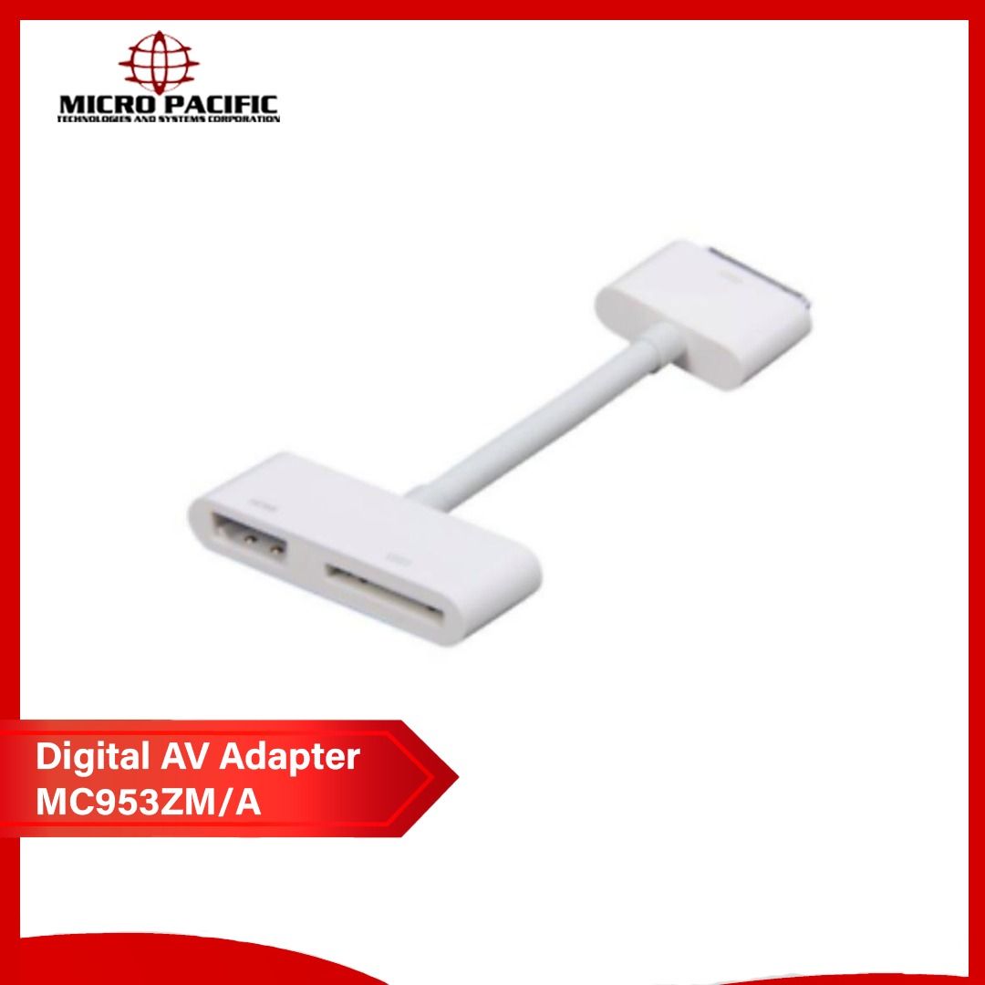 Apple 30-pin Digital AV Adapter (Category: Cables & Adaptors) located in Makati City. Submitted by micro_pacific (Listing ID 1163723260, Image 1). Description: Compatible Devices TV Specific Uses For Product Personal Connector Type HDMI Item Dimensions LxWxH 9 x 4.75 x 0.1 inches Brand Apple About this item Put your slides, movies, photos, and everything else that fills your iPad 2 screen on an even bigger screen Apple Digital AV Adapter also sup