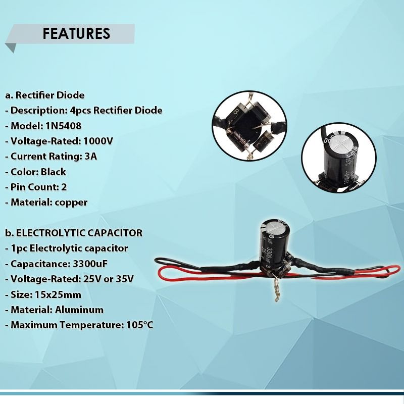 FULLWAVE BRIDGE RECTIFIER AC to DC CONVERSION, 1N5408 1000V 3A with 3300UF CAPACITOR (Category: Electrical, Adaptors & Sockets) located in Quezon City. Submitted by besteinpc (Listing ID 1296428620, Image 2). Description: FULLWAVE BRIDGE RECTIFIER AC to DC CONVERSION, 1N5408 1000V 3A with 3300UF CAPACITOR FEATURES: a. Rectifier Diode 👉Description: 4pcs Rectifier Diode 👉Model: 1N5408 👉Voltage-Rated: 1000V 👉Current Rating: 3A 👉Color: Black 👉P