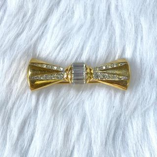 Monet Vintage Gold Tone Rhinestones Bow Ribbon Brooch