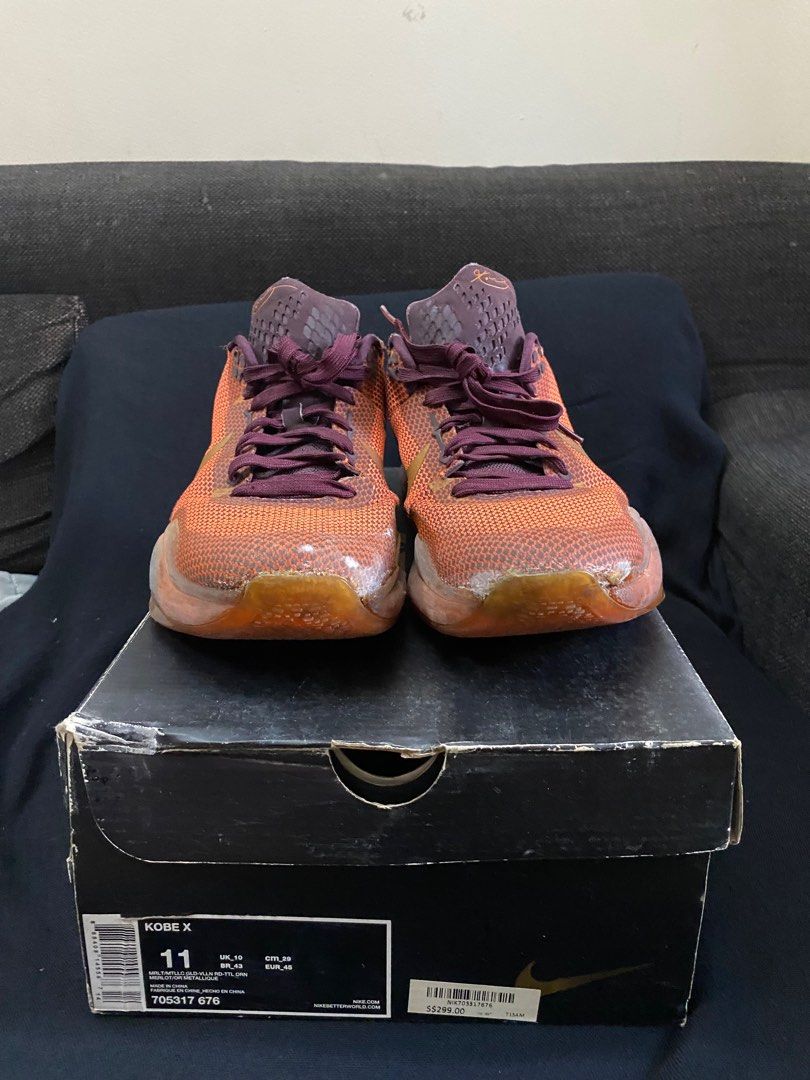 NIKE KOBE X 10 “SILK ROAD” (Category: Sneakers) located in Quezon City. Submitted by ger4rd (Listing ID 1296688865, Image 3). Description: NIKE KOBE X “SILK ROAD” well used 6/10 condition with box many issues: signs of usage, heel/toe drags, sole sep, sole cracks, sole crumbles, stains etc. what you see is what you get lower your expectation.