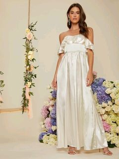 Off Shoulder Ruffle Satin Cream Beige White Evening Formal Long Dress Wedding Gown (Small - Medium Size)